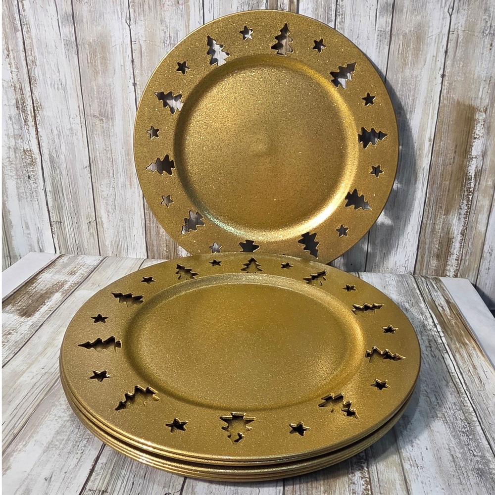 Greenbrier International Gold Glitter Christmas Tree Star Charger Plates Set / 6